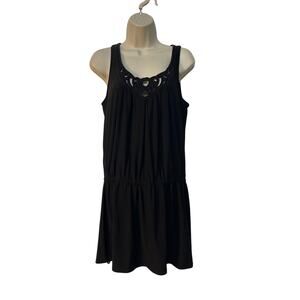 White House Black Market Tank Mini Dress with Lace Neck Elastic Waist Black Sz M
